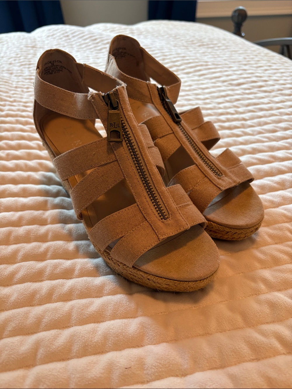 Canvas Zip-Front Strappy Wedge Sandals - Tan
